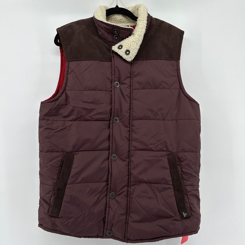 Prana Waylon Puffer Vest Burgundy Corduroy Trim Sherpa Collar M1WAYL312 Small